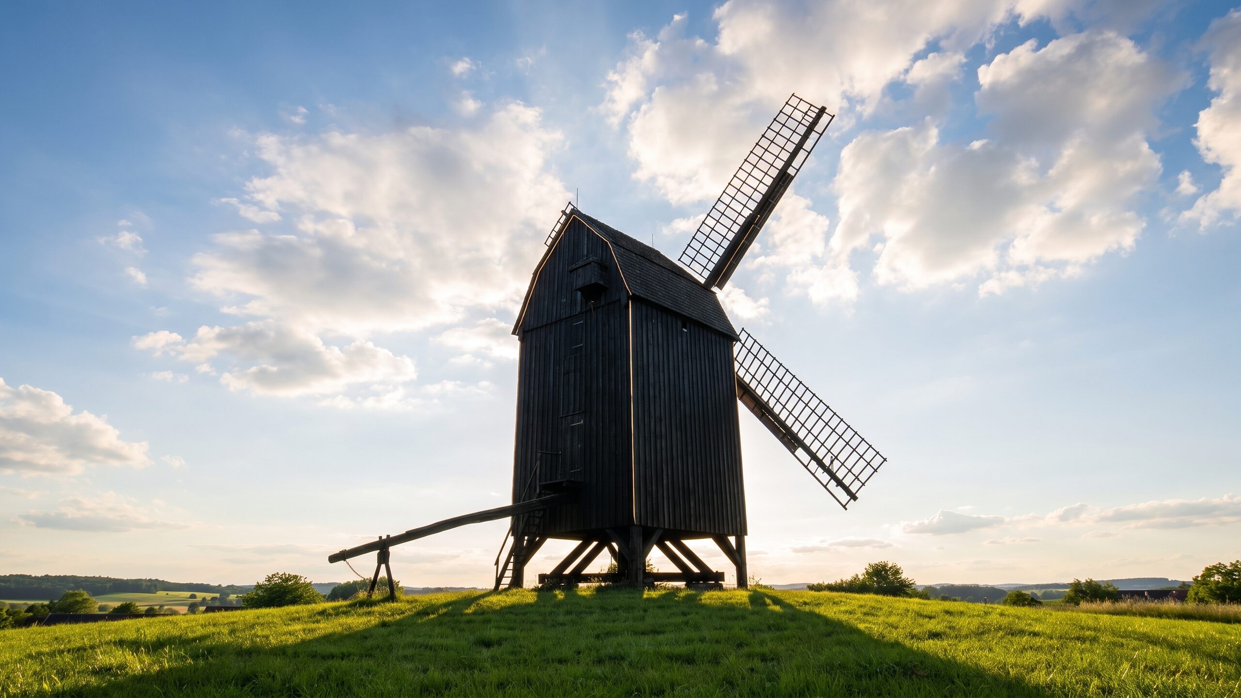 Die Bockwindmühle im warmen Licht des Spätnachmittags.
