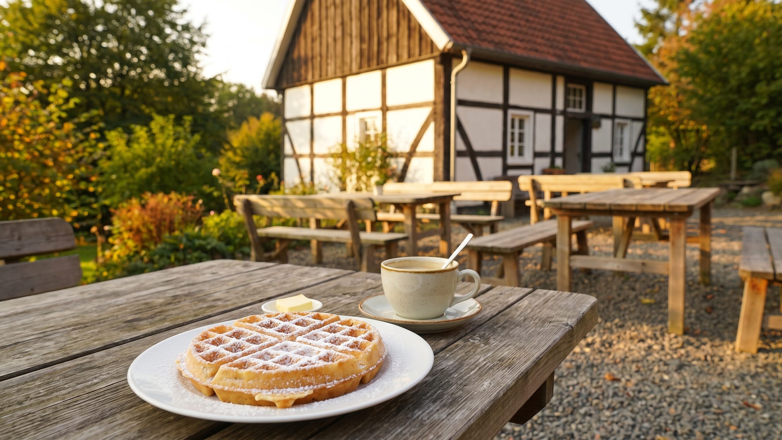 Café-Tische im warmen Abendlicht vor dem Fachwerkgebäude.